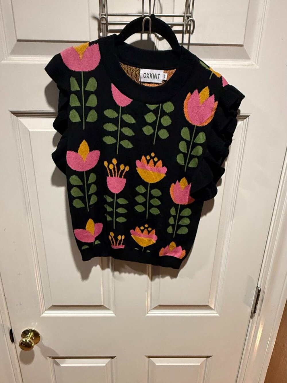 OXKNIT Flower Sweater Set Knit Top & Pants Black Pink Cottagecore Women's L